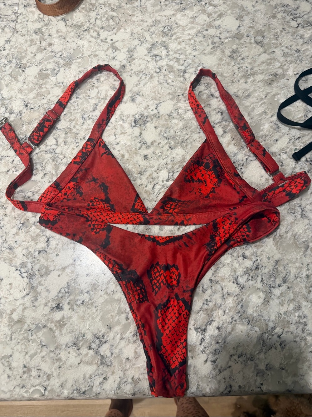 SHEIN Red and Black Snake-Print Bikini Top